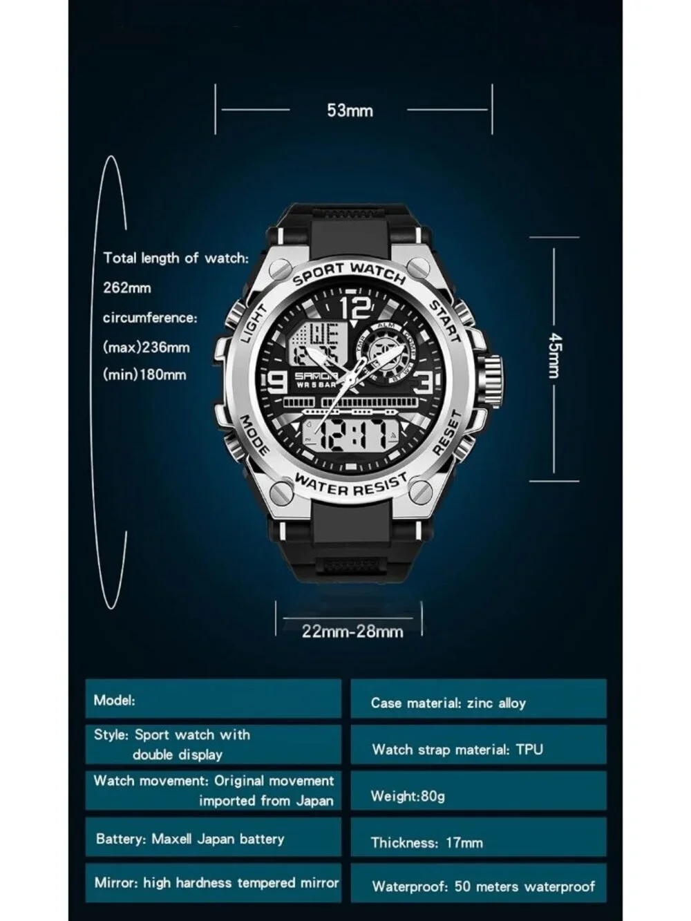 Men's Black And Silver Analog Quartz Sport Waterproof Military LED Digital Watch